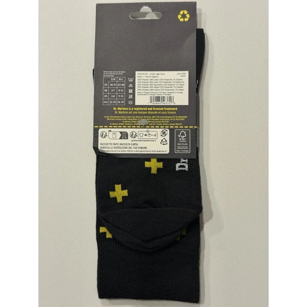 Dr Martens AC623018 Cross Logo Black Yellow Cotton Blend Crew Socks S/M NWT